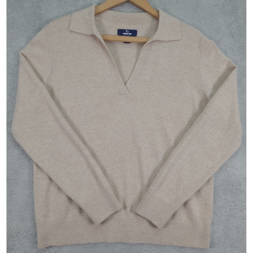 Lands End Womens 100% Cashmere V-Neck Polo Sweater Beige Size M 10-12